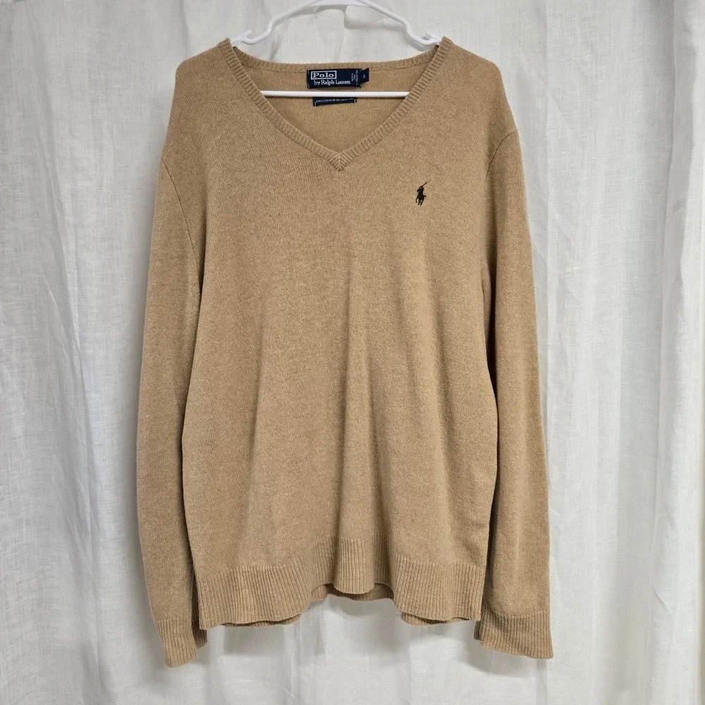 Polo Ralph‎ Lauren V-Neck Knit Sweater Tan 100% Lambswool Classic Men's Size L